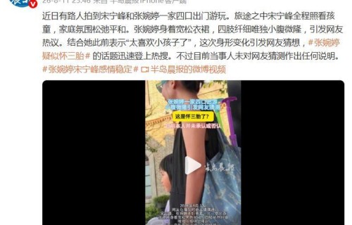 宋宁峰张婉婷一家四口出门游玩，“张婉婷疑似怀三胎”登上热搜|浙江省|濮院时尚古镇|奶爸|离婚|亲子